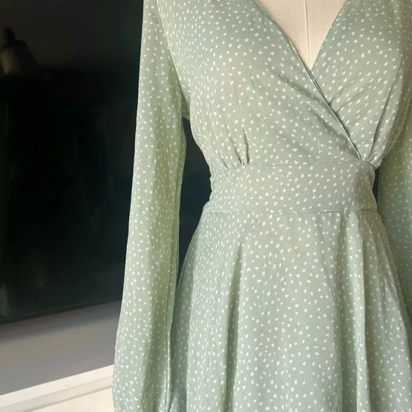 Elegant Mint Sage Polka Dot Wrap Dress - Picture 3 of 3